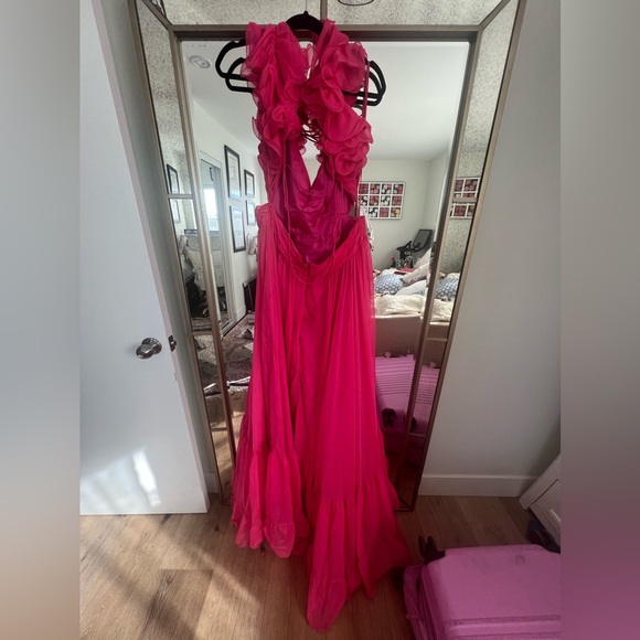 Mac Duggal Ruffle Tiered Cut-Out Chiffon Gown Hot Pink - Picture 5 of 12